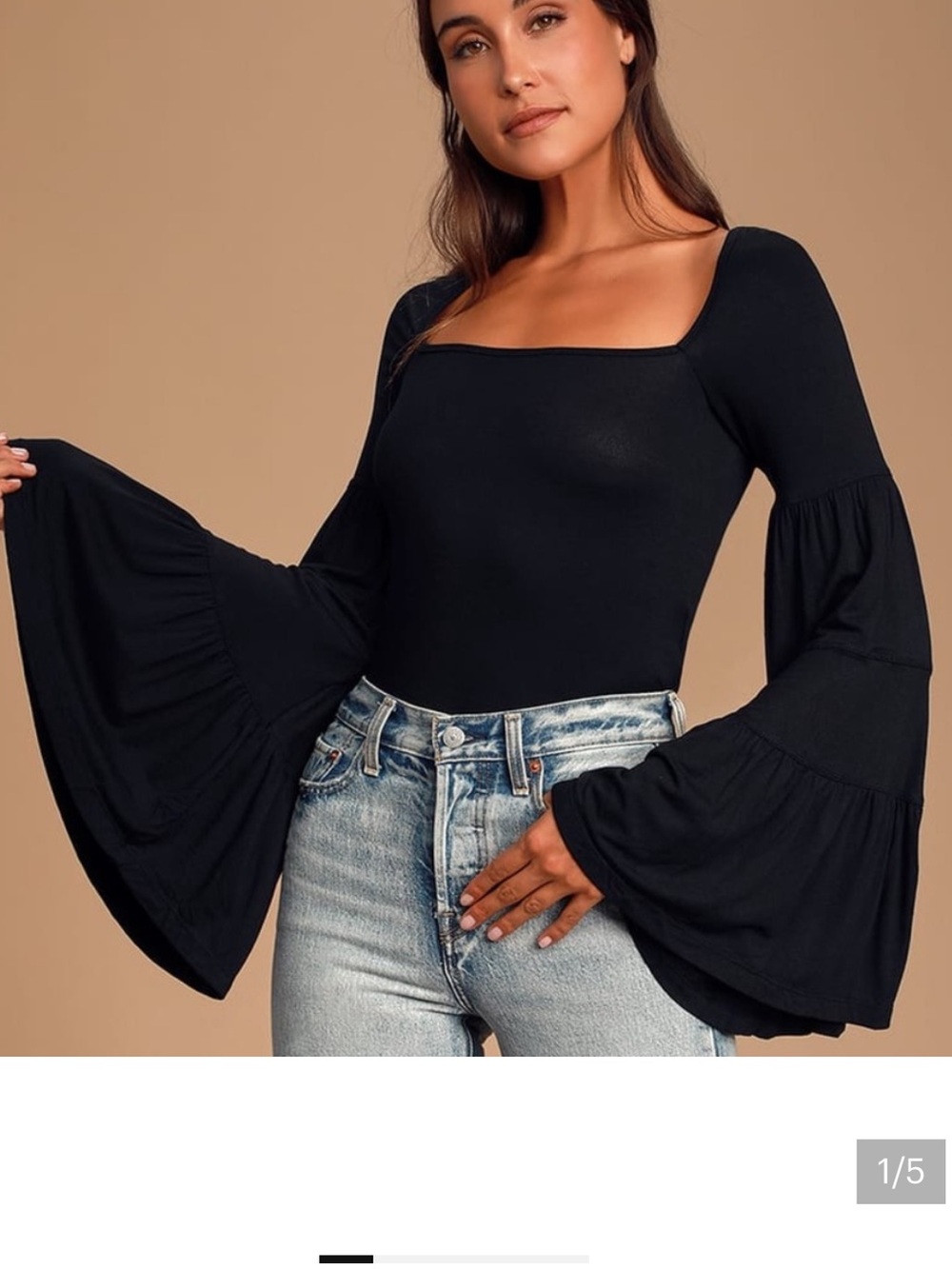 Free People Black Square-Neck Tiered Bell Sleeve Long-Sleeve Top. XS